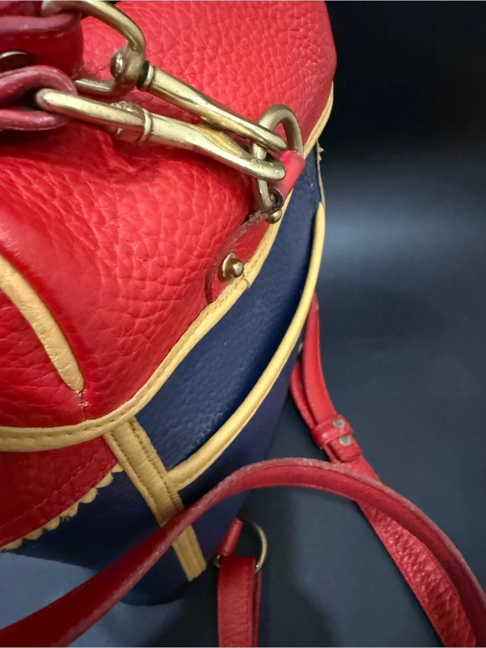 Rare Vintage DOONEY & BOURKE Teton AWL Lipstick Red Navy Yellow Leather Backpack